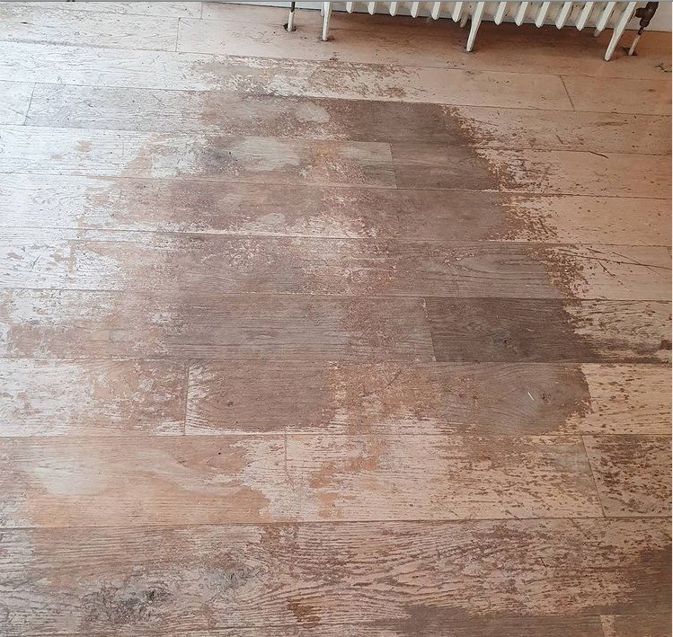 Before renovation of oak floor: one of the worst floors we've ever come across, this oak floor was finished by the building contractor 19 years ago and hadn't been touched since. AD Sanding & Varnishing, Kilkenny, Ireland